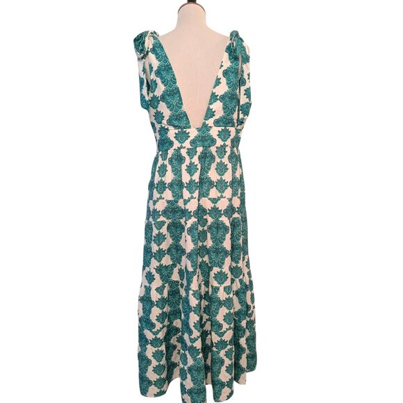 House Of Harlow Womens Size L Green Printed V-Neck Tie Straps Ruffles Maxi Dress - Picture 4 of 10